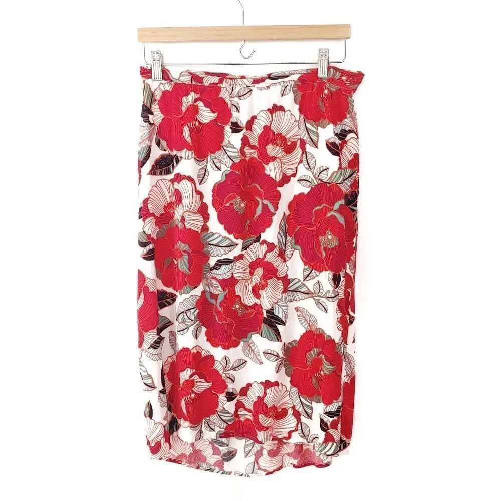 Cupcakes & Cashmere Side Slit Floral Red White Black Skirt Medium